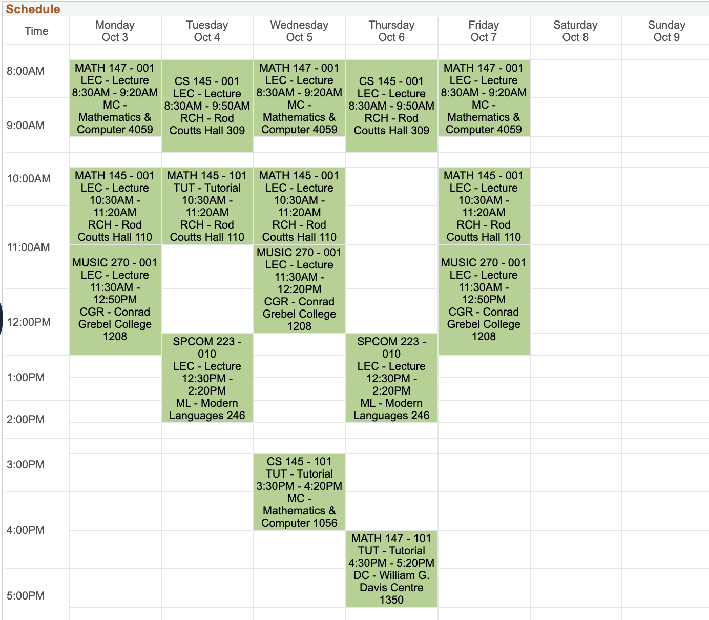 Semester timetable